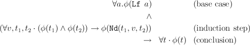                               ∀a.φ (Lf a)            (base case)
                                        ∧

(∀v,t1,t2 ⋅ (φ(t1) ∧ φ (t2)) → φ (Nd(t1,v,t2))         (induction step)
                                       →   ∀t ⋅ φ(t) (conclusion )
